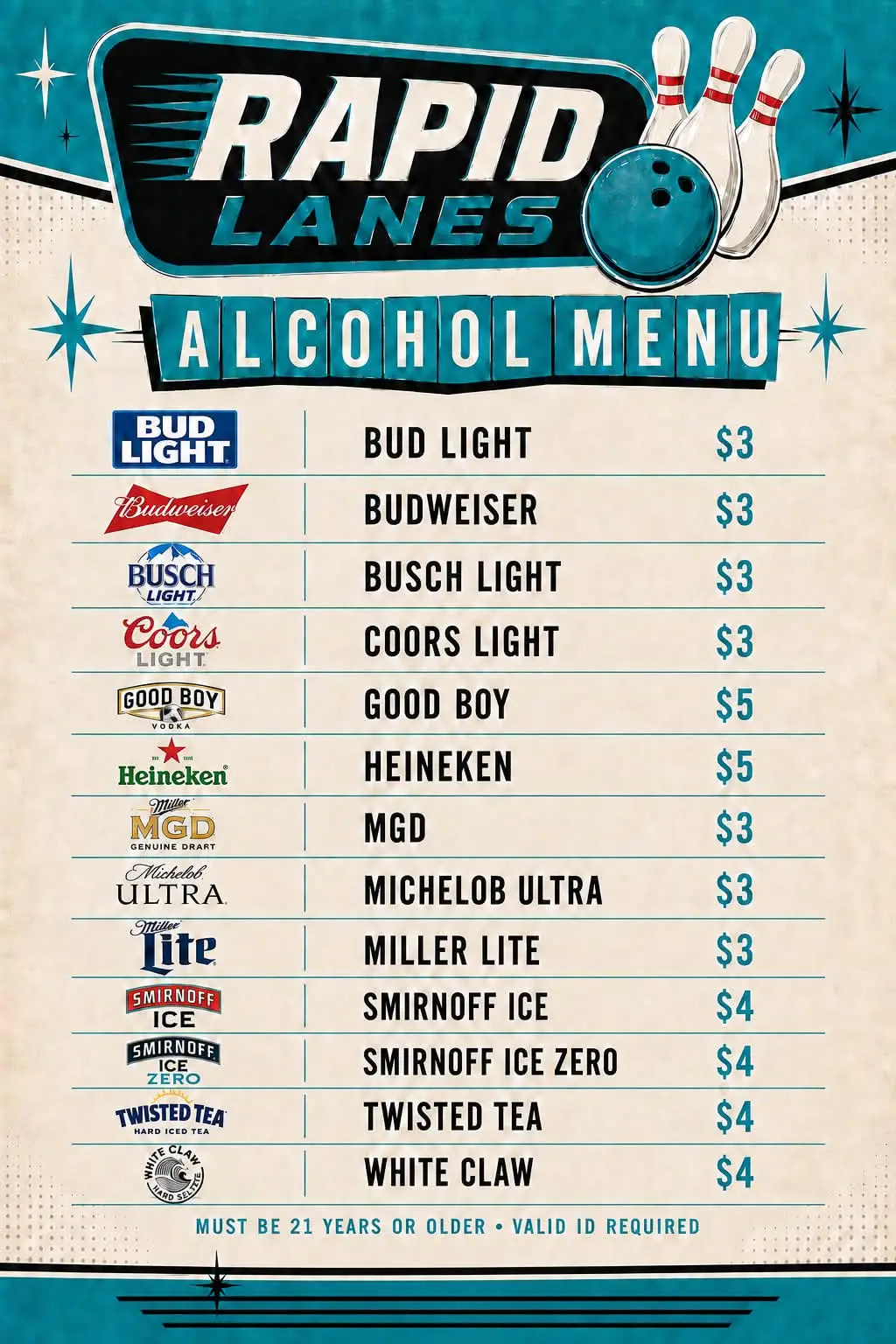 Rapid Lanes beer and alcoholic drink menu